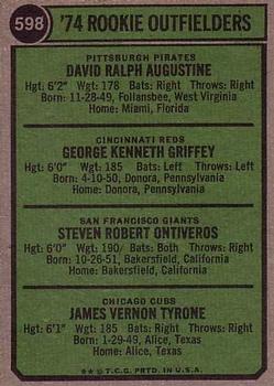 Topps 598 1974 Rookie Outfielders (Dave Augustine / Ken Griffey / Steve Ontiveros / Jim Tyrone) back