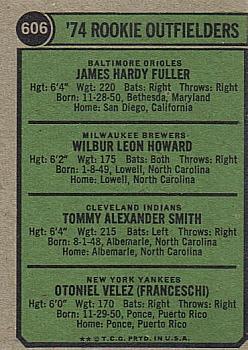 Topps 606 1974 Rookie Outfielders (Jim Fuller / Wilbur Howard / Tommy Smith / Otto Velez) back