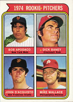 Topps 608 1974 Rookie Pitchers (Bob Apodaca / Dick Baney / John D'Acquisto / Mike Wallace) #1974