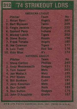 Topps 312 1974 Strikeout Leaders (Nolan Ryan / Steve Carlton) back