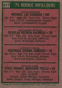 Topps 617 1975 Rookie Infielders (Mike Cubbage / Doug DeCinces / Reggie Sanders / Manny Trillo) back