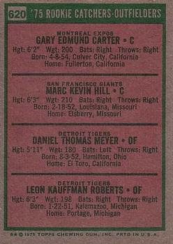Topps 620 1975 Rookie Catchers Outfielders (Gary Carter / Marc Hill / Danny Meyer / Leon Roberts) back